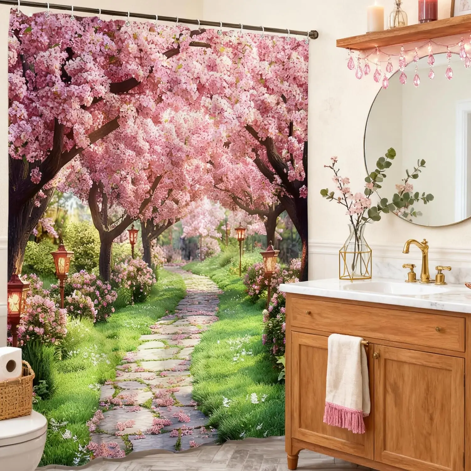 Pink Floral Shower Curtain Farmhouse Cherry Blossom Rustic Flowers Blooming Nature Scenery Park Trees Road Landscape Garden