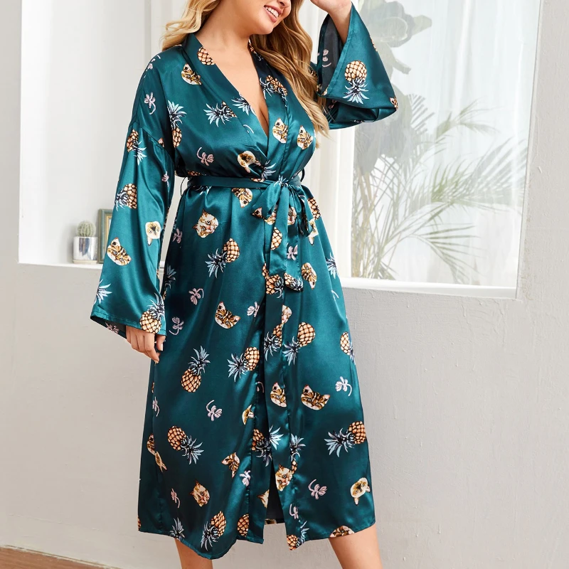 Krismile Print Plus Size Robe Woman Spring Autumn New Loose Fit Comfort Long Sleeve Sleepwear Lace Up Bathrobe Pajama Lady