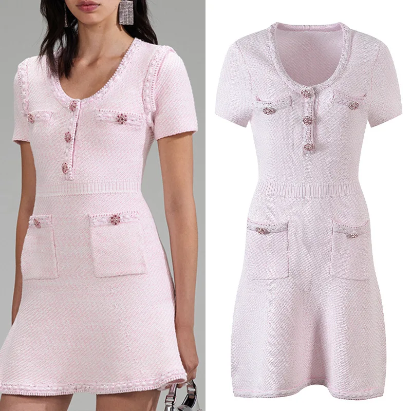 

Pink Knitted Dress Women's Autumn and Winter New Waist Round Neck A Short Diamond Button Fragrant Dress