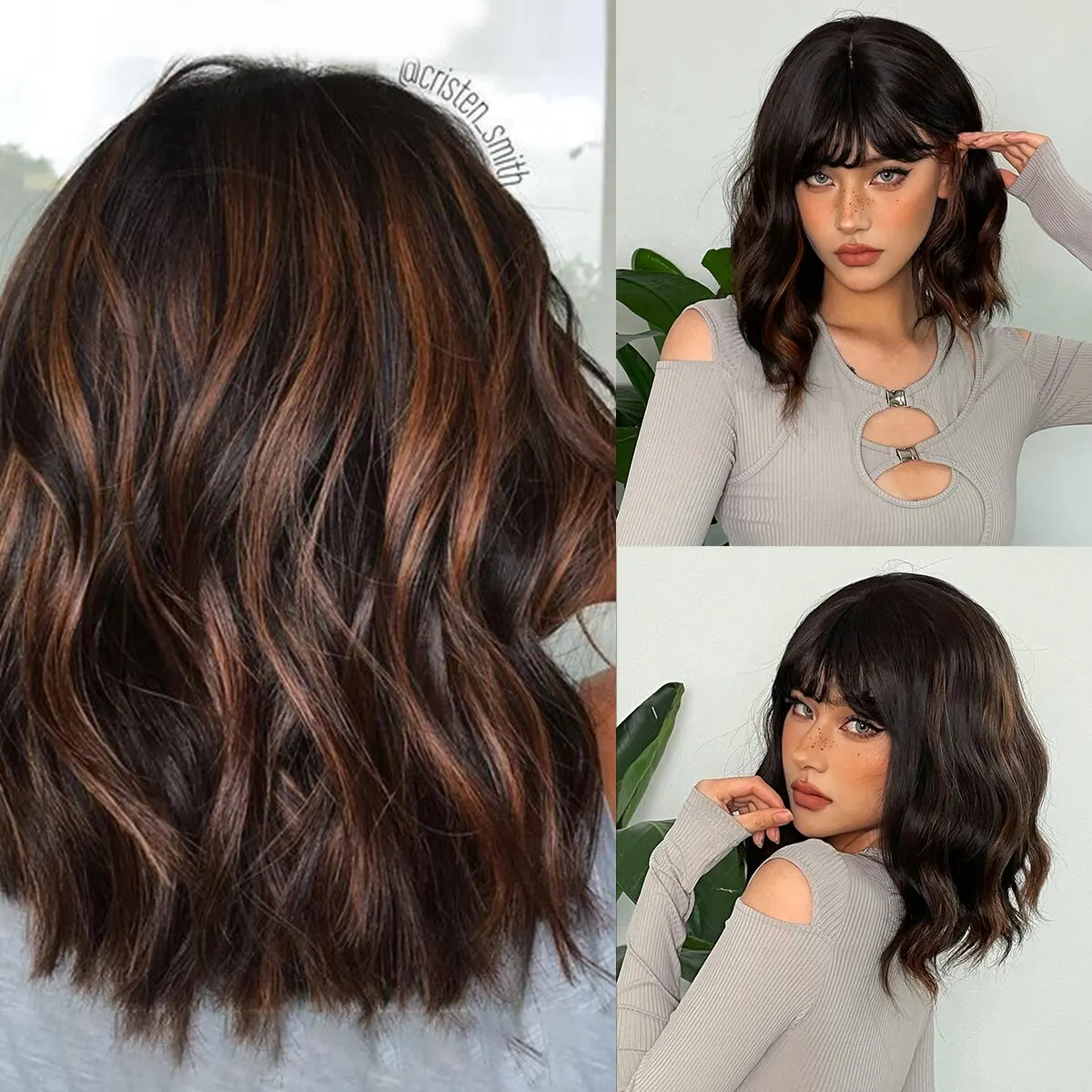Women's Short Wavy Bob Synthetic Wig with Bangs, Brown