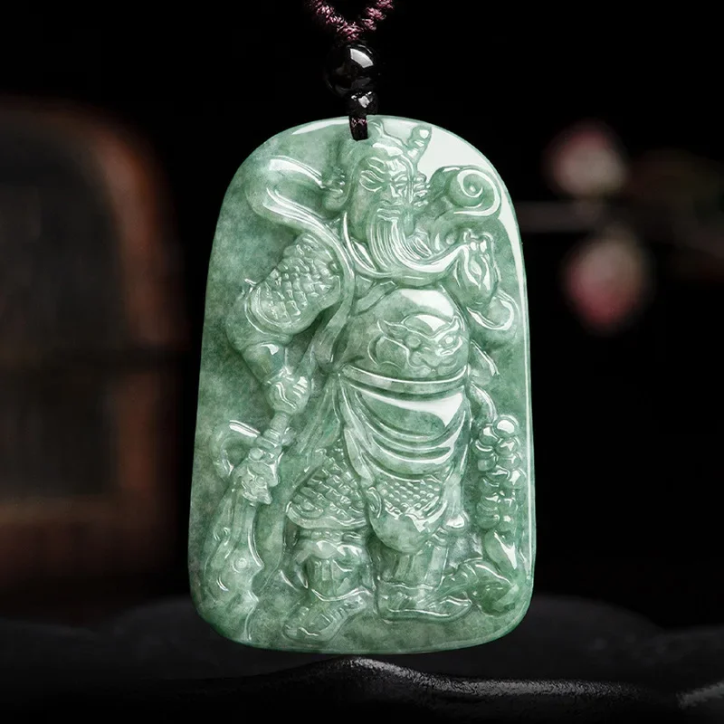 Jia Le/ Hand-carved/ Natural  Emerald Wu Caishen Guan Gong Jade Necklace Pendant Men Women Fine Jewelry Pingan Amulet Gift