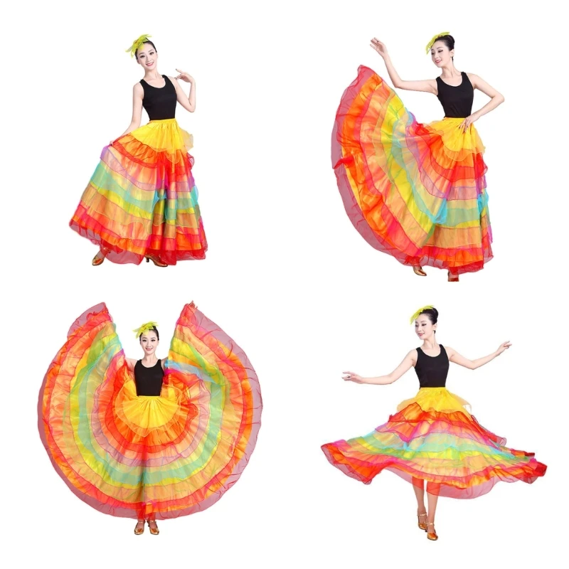 Womens Spanish Dance Skirt Belly Dance Skirt Big Swing Flamenco Costume N7YF