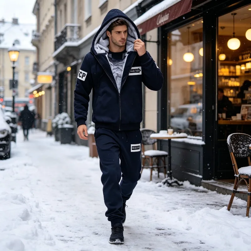 Men's Winter Thickened Tracksuit Sets Fleece Hooded Jacket for Outdoor Sports Suit Leisure Running Fitness Warmth Two-piece Set