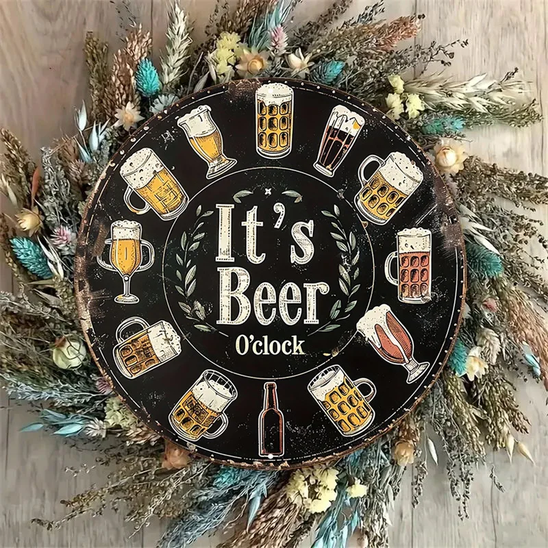 علامة معدنية عتيقة، ملصق دائري من الألومنيوم على شكل بيرة مرحة، صورة مفعمة بالحيوية والمرح