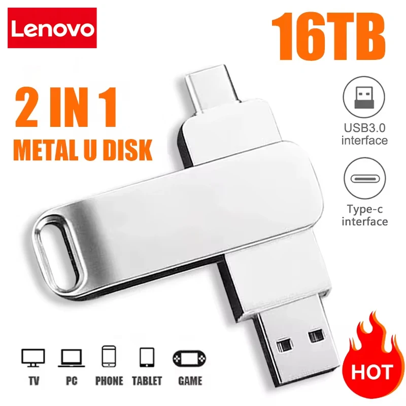 Lenovo USB3.2 USB Flash Drive 16TB OTG Pen Drive High Speed Type-C Flash Disk Real Capacity Metal Pendrive For Phone Computer