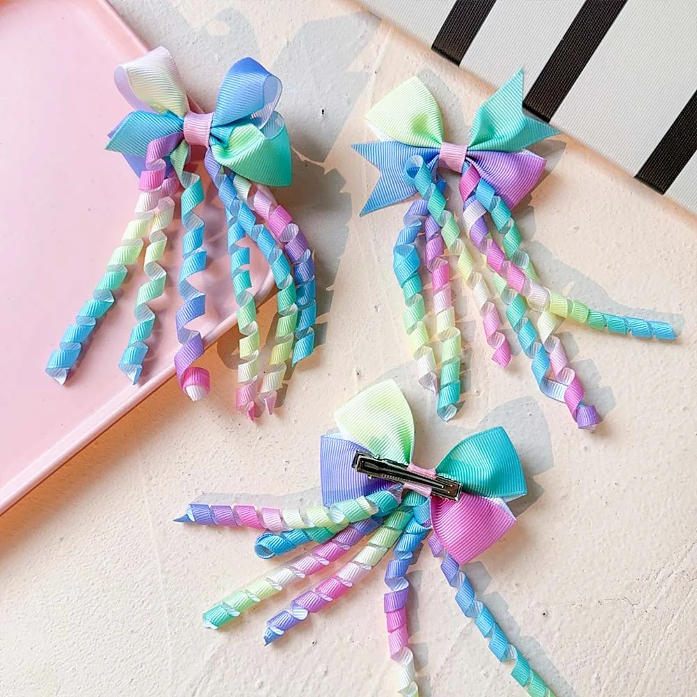 Заколки для волос для девочек, головные уборы, 2 шт., милый Радужный градиентный бант с кисточками, идеально подходят для вечеринок по случаю дня рождения, повседневная мода, новинка