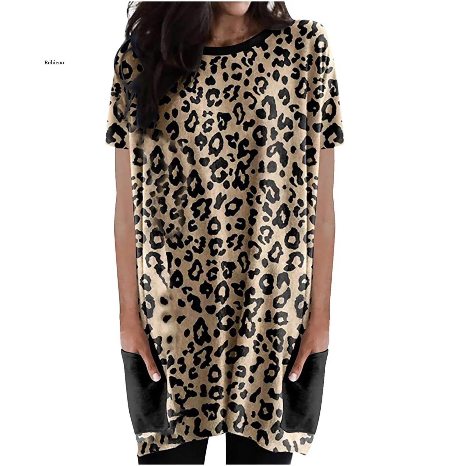 Damen Kleid Sommer Sexy Hot Leopard Print Camouflage Spleißen Tasche Casual Rundhals Kurzarm T-Shirt Kleid