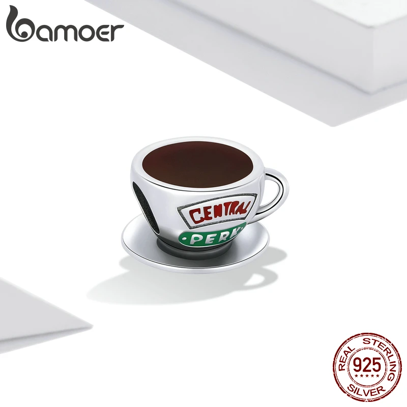 BAMOER 925 Sterling Silver Coffee Cup Charm Cartoon Central Perk Bead for Original Bracelet Bangle Women Office Lady DIY Jewelry