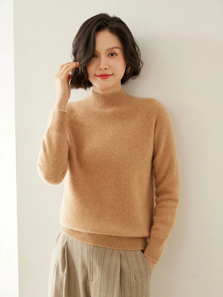 

2024 Autumn/Winter New Half High Collar Merino Women's% 35 Pure Cashmere Knitted Bottom Sweater Simple Interior Top Loose Sweate