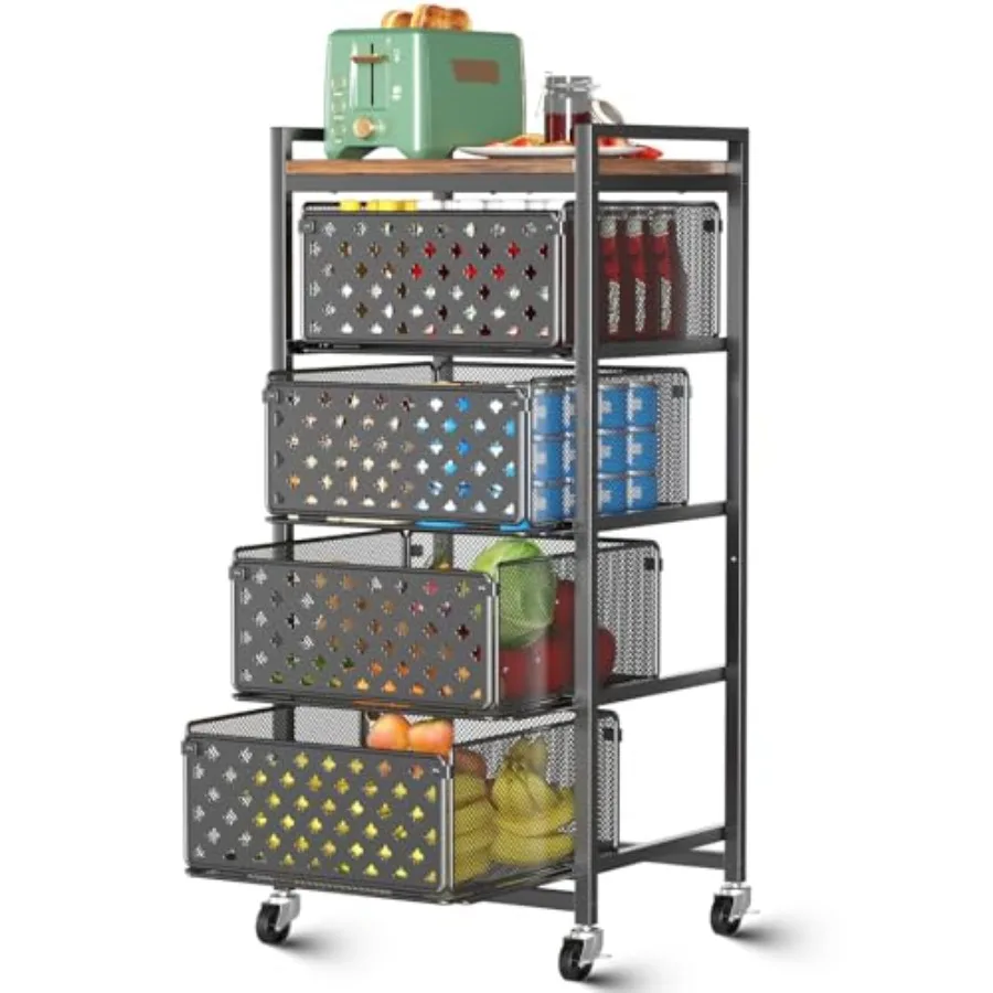 

5 Tier Kitchen Storage Cart with Wheels, Utility Fruit Vegetable Storage Rack Stand with Pull-Out Baskets and Wood Top, Metal 4