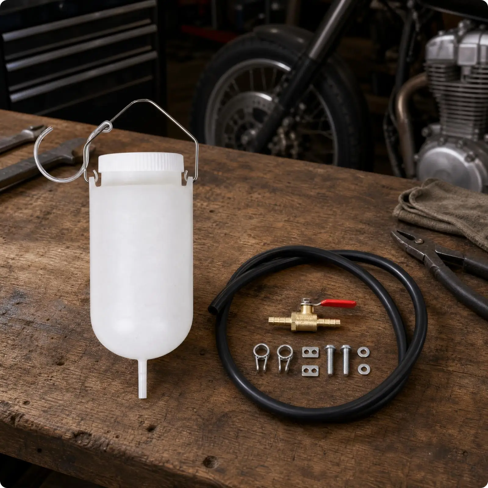 Portable Plastic Motorcycle Fuel Tank with Shutoff Valve and Fuel Line for Carburetor Balancing