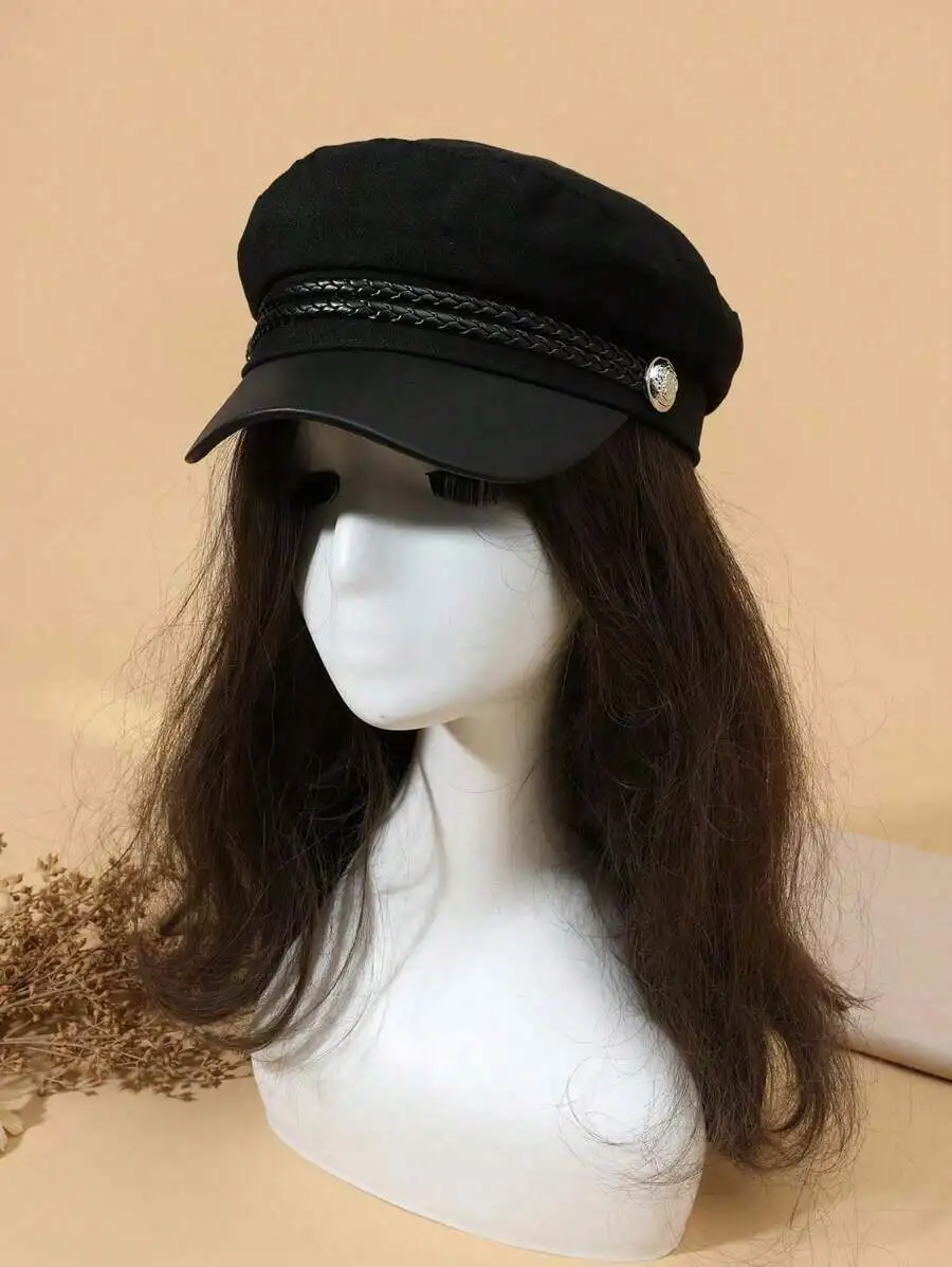 

1pc Solid Color Minimalist Newsboy Cap With Leather Strap & Button, Japanese Style Brim Sailor Beret Hat For Women, Outdoor
