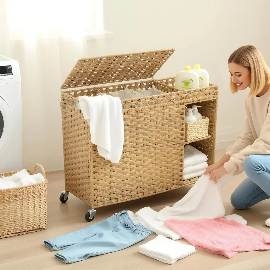 سلة غسيل من الخيزران سعة 180 لترًا مع عجلات وغطاء منسوج يدويًا بتصميم 3 أقسام تتميز بطانة قابلة للإزالة وجيب جانبي لـ E #6