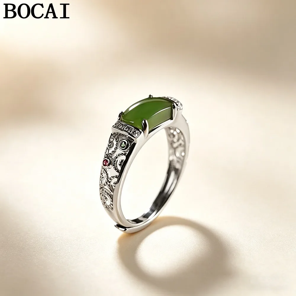 

BOCAI S925 Sterling Silver Jewelry Simple And Fashionable Set With Hetian Jade Engagement Ring Women's Selected Gift