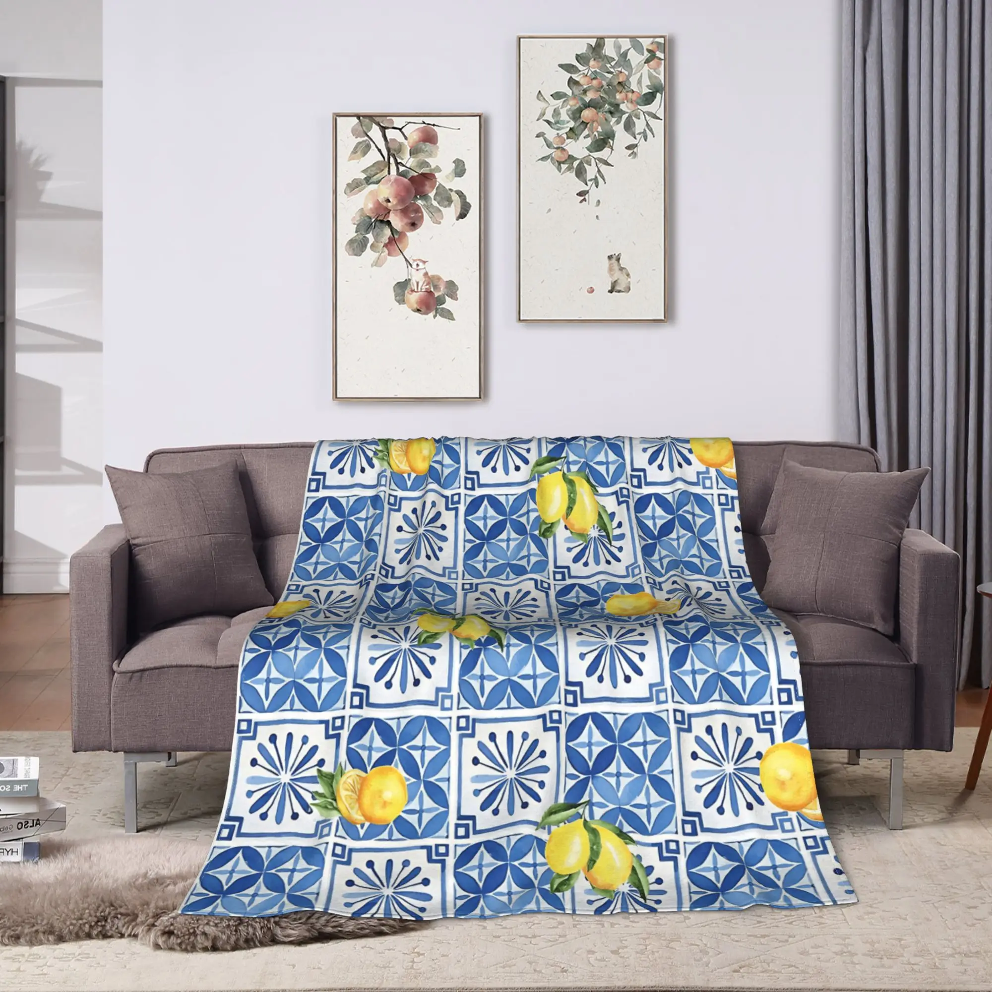 Lemon and Blue Pattern Bedding Throws Warm Cozy Casual Blanket  For Couch Chair Camping Flannel Bedspread Bed Cover