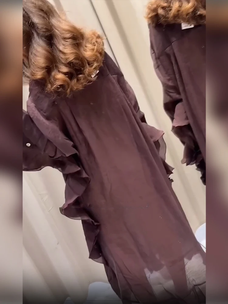 2025 neue Lotus Blatt Rand Beiläufige Lange Kleid Frauen Chic Volle Hülse V-ausschnitt Lose Maxi Kleider Sommer Dame Highstreet Party Roben