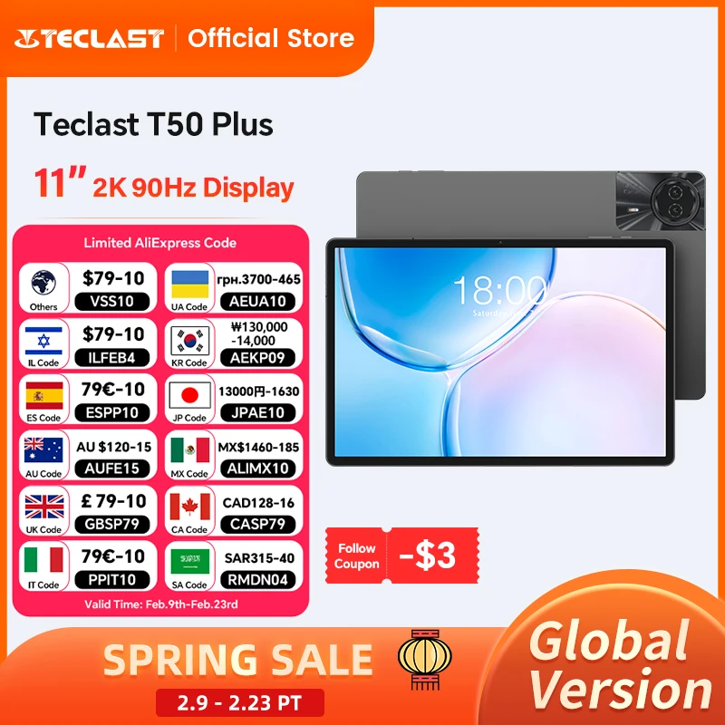 

[Новый] Teclast T50plus 11 "2K 90 Гц высокий обновление Android 14 планшет 6 ГБ +256 ГБ Unisoc T620 8000MAH Аккумулятор 8MP +13MP Camera 4G планшет
