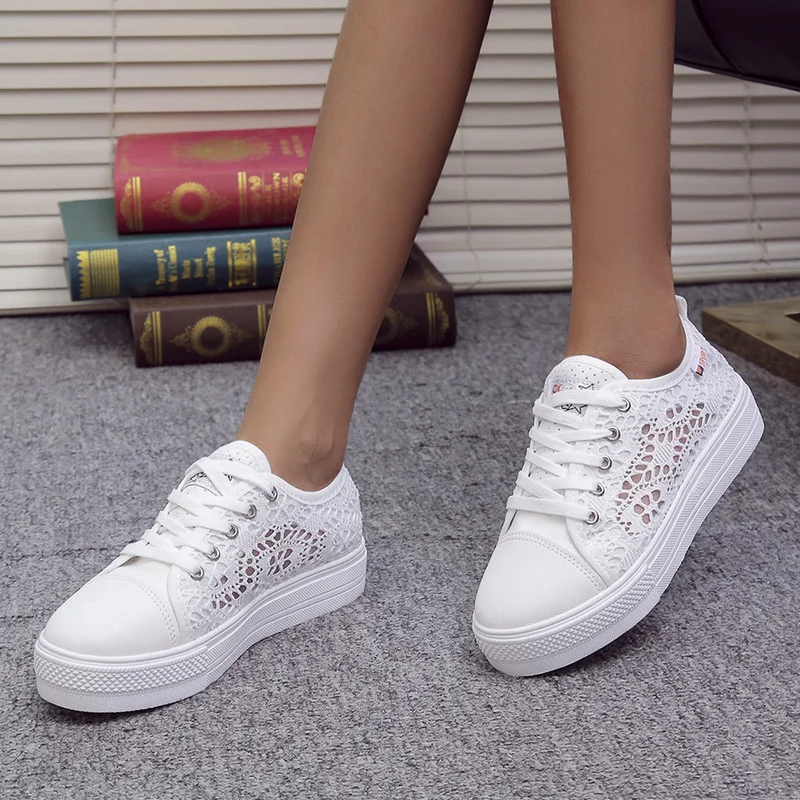 Women Shoes 2022 Fashion Summer Casual White Shoes Cutouts Lace Canvas Hollow Breathable Platform Flat Sneakers Zapatillas Mujer