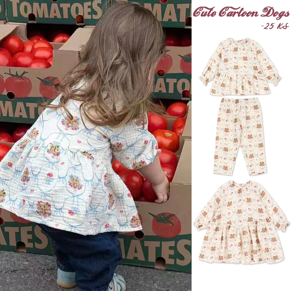 

KS Autumn Girls Soft Gauze Dresses 2025 Toddler Kids Cute Cartoon Dogs Long Sleeved Tops Pants Children Homewear Clothes Suit