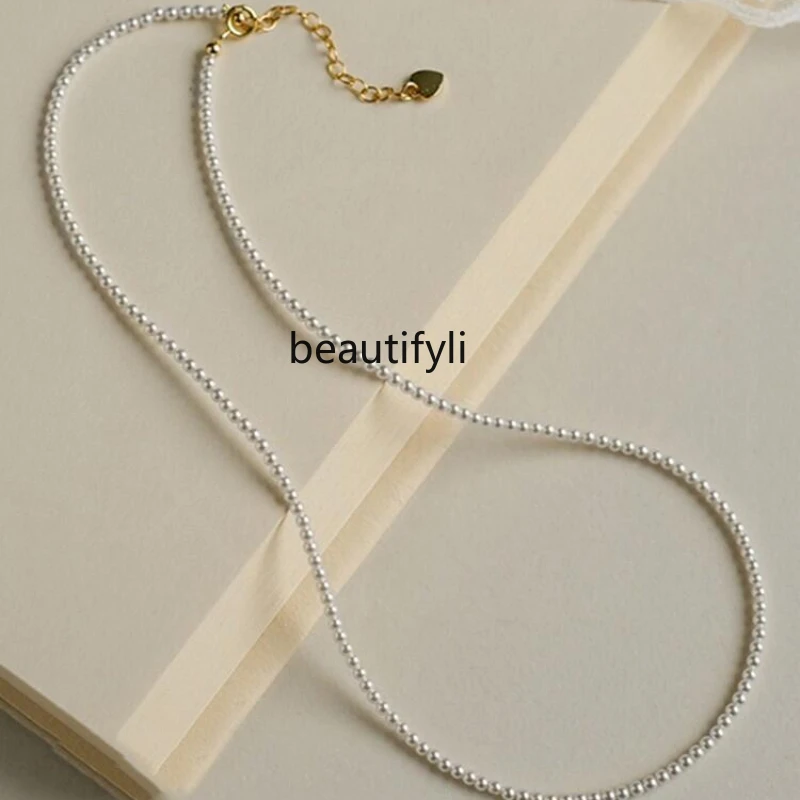 New 2mm round flawless strong light pearl necklace light luxury niche versatile premium collarbone chain