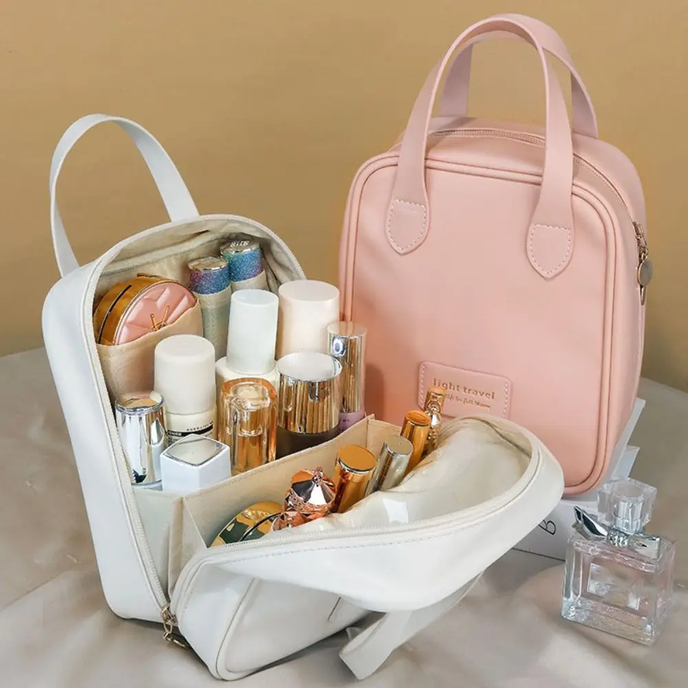 Borsa cosmetica in pelle PU regalo organizer per trucco multifunzione di grande capacità strumento di archiviazione impermeabile con manico da