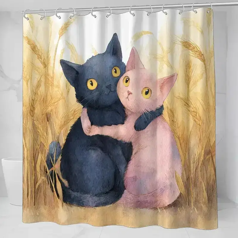 Cute Cat Wheat Shower Curtain Bathroom Decor Shower Liner Cartoon Whimsical Animals Novelty for Kids Home Use