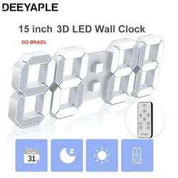 Deeyaple 15inch 3D LED Digital Wall Clock Large Alarm Clock Remote Control Snooze Auto Dimming 12/24H Time Date home decoration