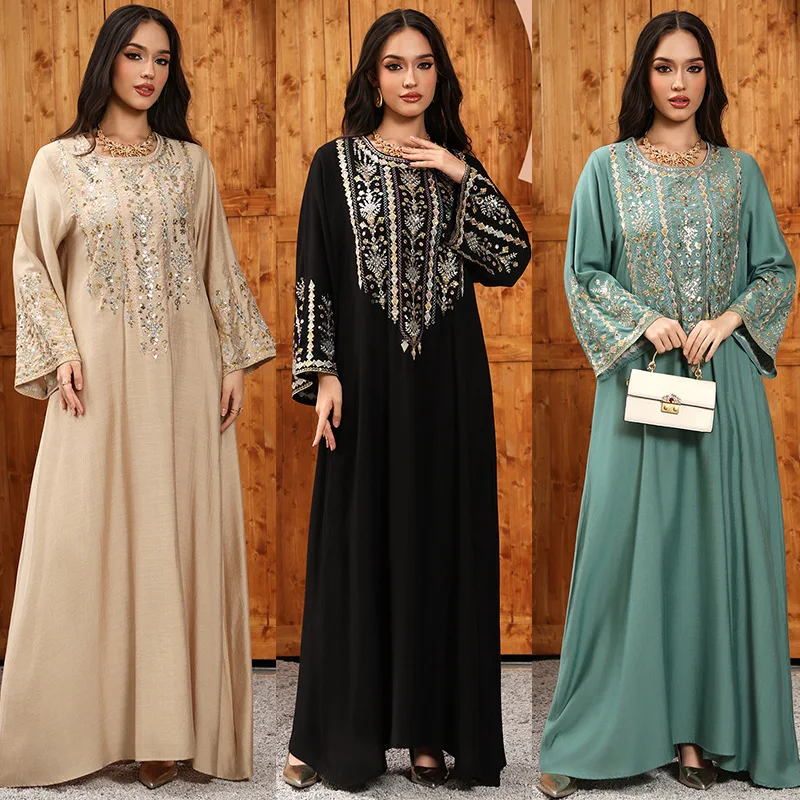 

Women Mesh Sequins Dress Elegant Abaya Eid Party Gorgeous Embroidery Dresses Lace-up Muslim Jalabiya Vestidos Largos Robe