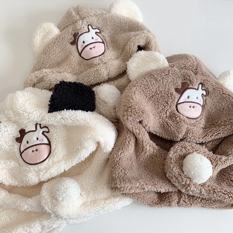 

Baby Hat And Scarf Integrated Autumn And Winter Cute Cow Children's Plush Ear Protection Hat For Boys And Girls Plus Velvet