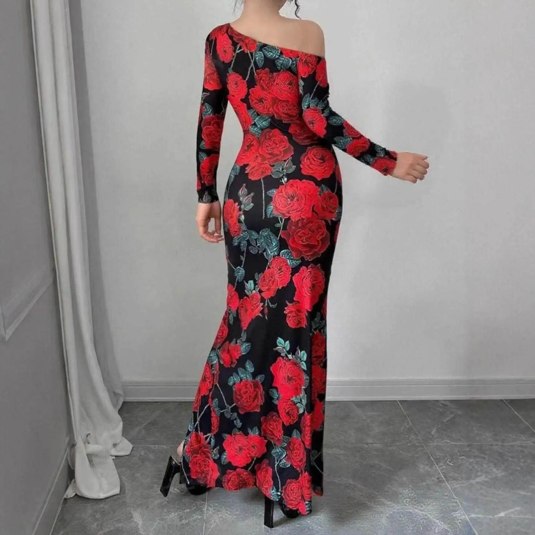 

New Slimming Quality Rose Print Bodycon Long Dress Wrap around Midriff Autumn Long Sleeve Men's Fashion Set Other Sets