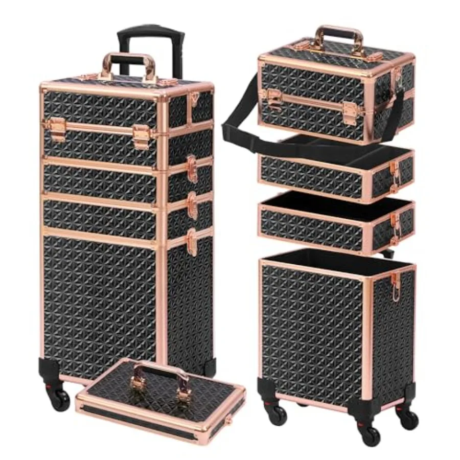 

Косметический кейс на колесах с крышкой 5 в 1, большой органайзер для макияжа для салона и парикмахерской, черный с золотом, Perfect Chris
