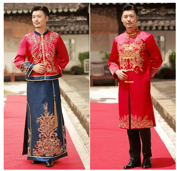 Red Black Pink Traditional Chinese Dresses Large Size Tang Suit Men Robe Brother Costume Cross Talk Gown Cheongsam Weddin Dress