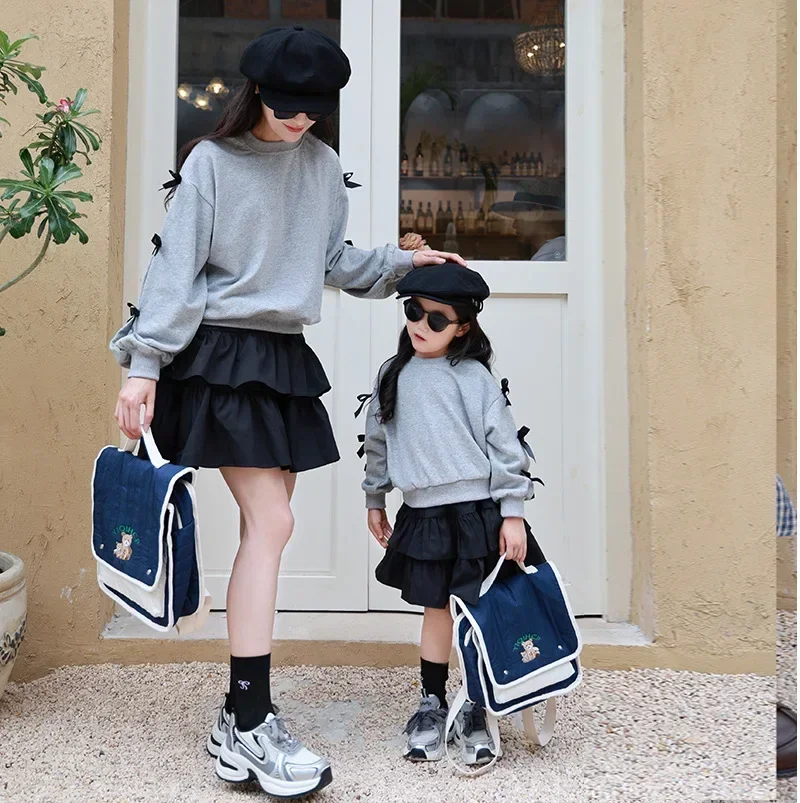 2025 Mommy and Me Matching Clothes Family Sweatshirt Mother Daughter Equal Clothes Children Bow Tops Spring Girl Baby Clothing