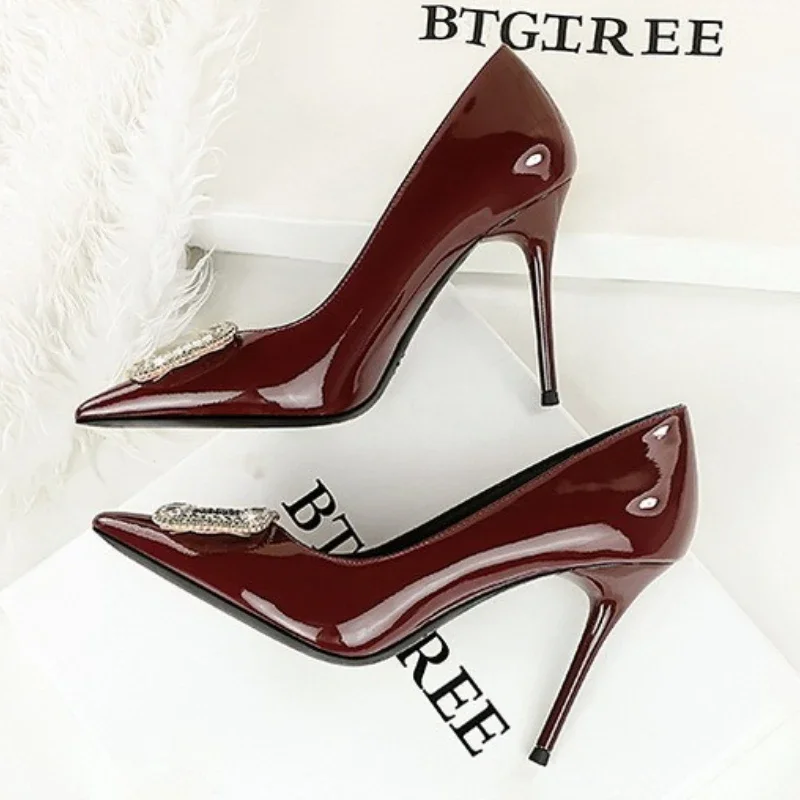 النساء 10 سنتيمتر عالية الكعب خنجر مضخات أشار تو الأسود عارية بلينغ الكعوب سيدة معدنية حجر الراين مشبك الزفاف الحدث الكعوب الأحذية #3