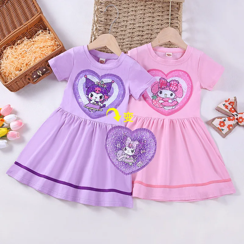 

New Cinnamoroll Kuromi Anime Kawaii Ins Children Short Sleeve Dress Cute My Melody Y2K Princess Skirt Clothing Gifts for Kids