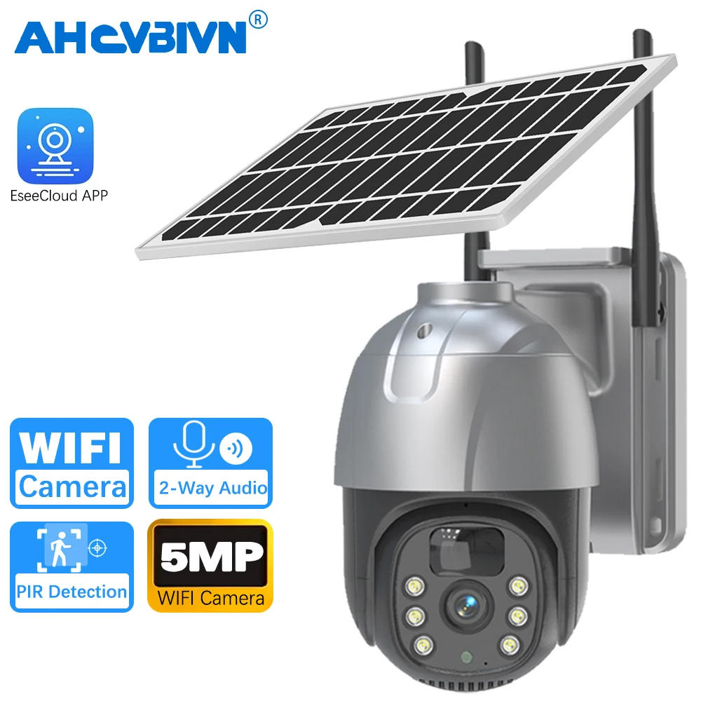 

5-мегапиксельное приложение EseeCloud, Wi-Fi, солнечная PTZ-камера, встроенная батарея, PIR-обнаружение, наружная безопасность, видеонаблюдение, IP66, водонепроницаемая камера