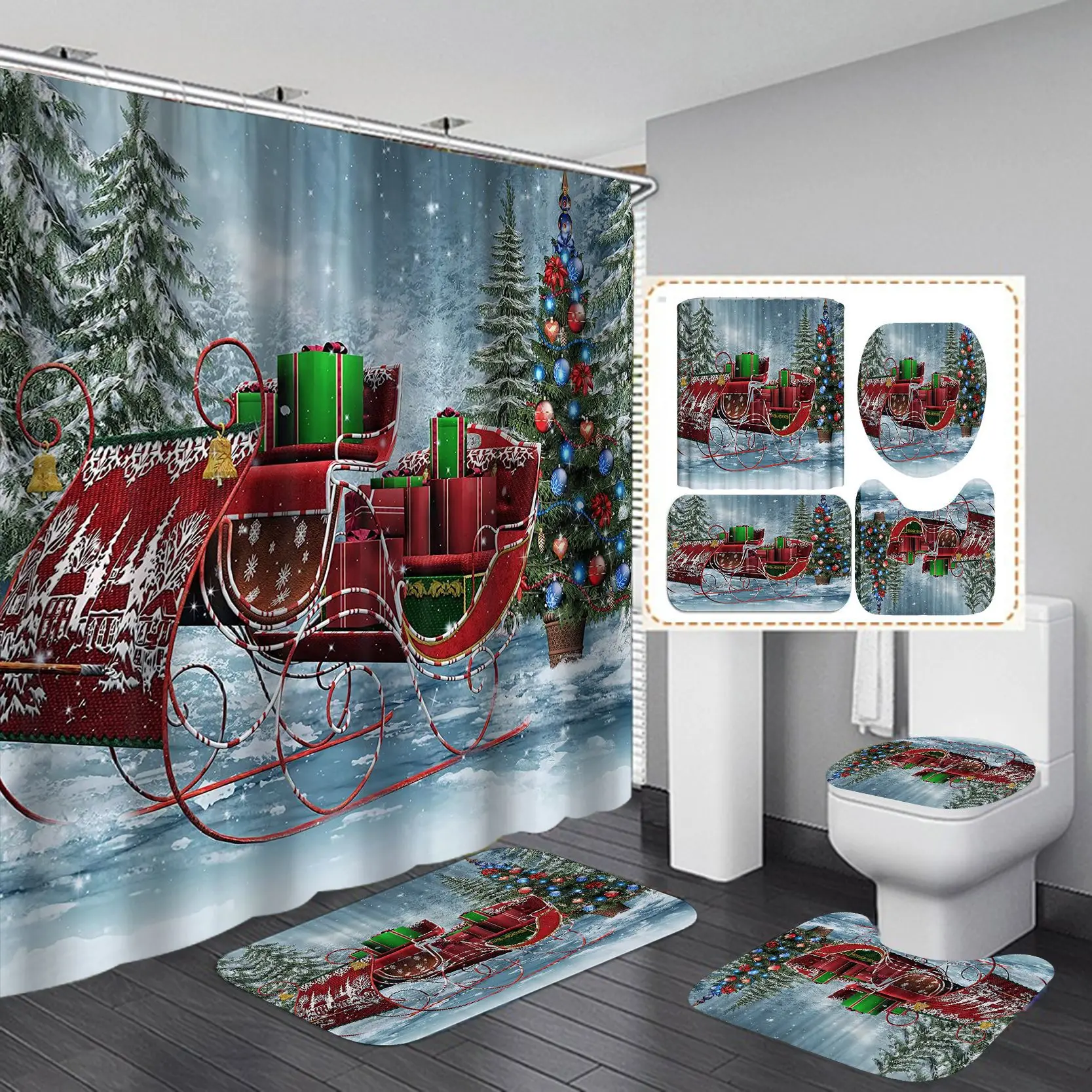 Merry Christmas Bathroom 4Pcs Set Snowman Santa Claus Pattern Waterproof Shower Curtain Toilet Cover Mat Non Slip Rug Home Decor