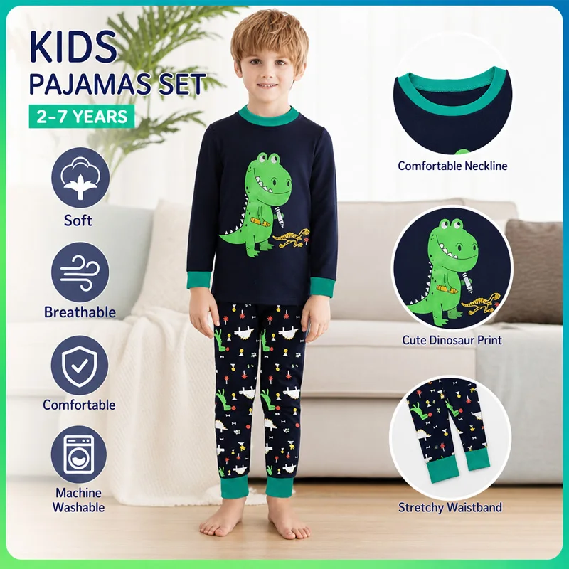 Little Hand 2-7T Kids & Toddler Boys Pajamas 2 Piece Pjs Set 100% Cotton Sleepwear Dinosaur Designs Stretch Breathable