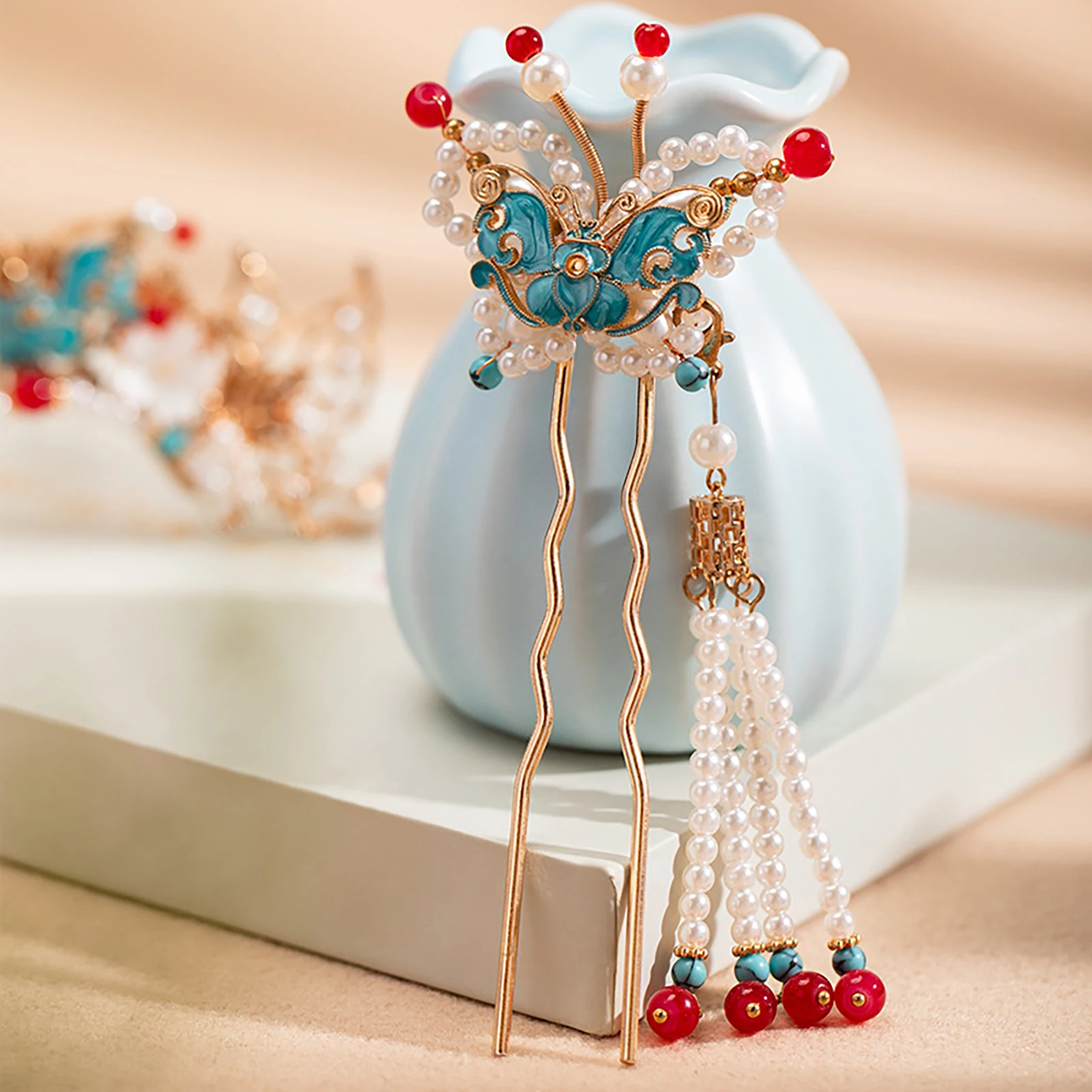 

Ancient Chinese Style Alloy U Sahped Hair Sticks Forks Pearls Butterfly Hair Pin Tassel Pendant Hairclips for Women Hair Jewelry