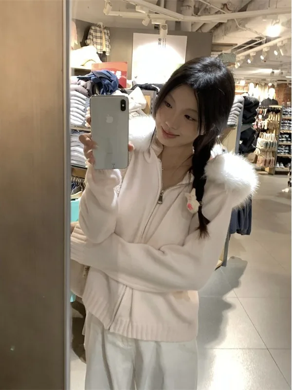 퍼 칼라와 지퍼가 있는 한국 슬레 블라 치즈 클라우드 스노우볼 니트 스웨터 코트, 오버사이즈 길이의 따뜻한 보온 롱 스웨터