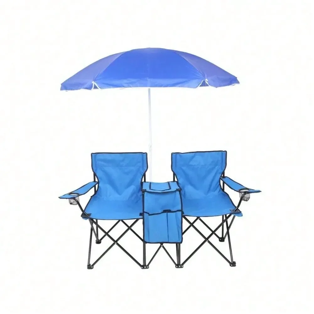 

Outdoor 2Seat Folding Chair With Removable Sun Umbrella Blue, Camping Chair, Beach Essentials