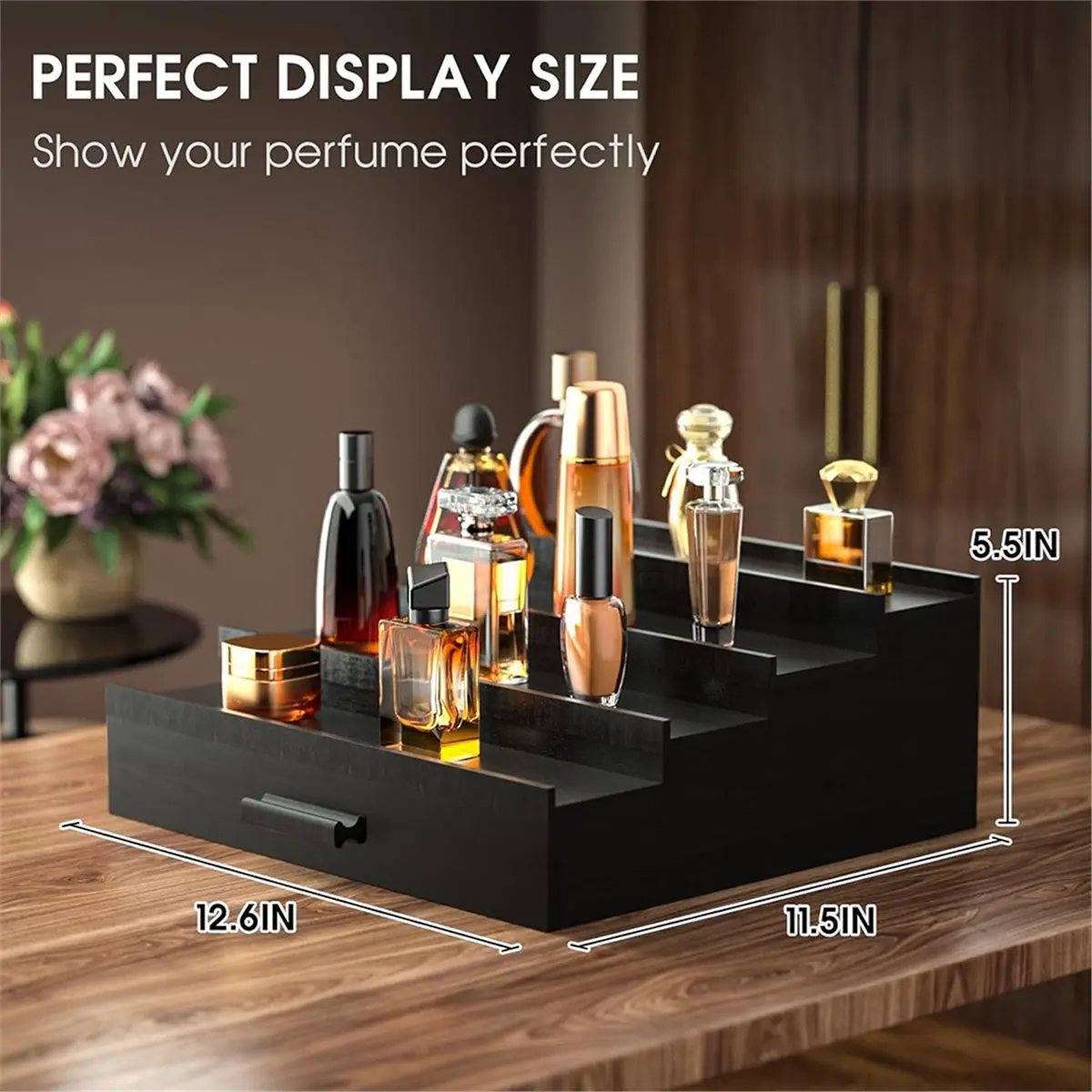 giftnew Sephyroth Cologne Organizer for Men,4 Tier Cologne Display Shelf with Drawer Storage, Perfume Storage Display Risers