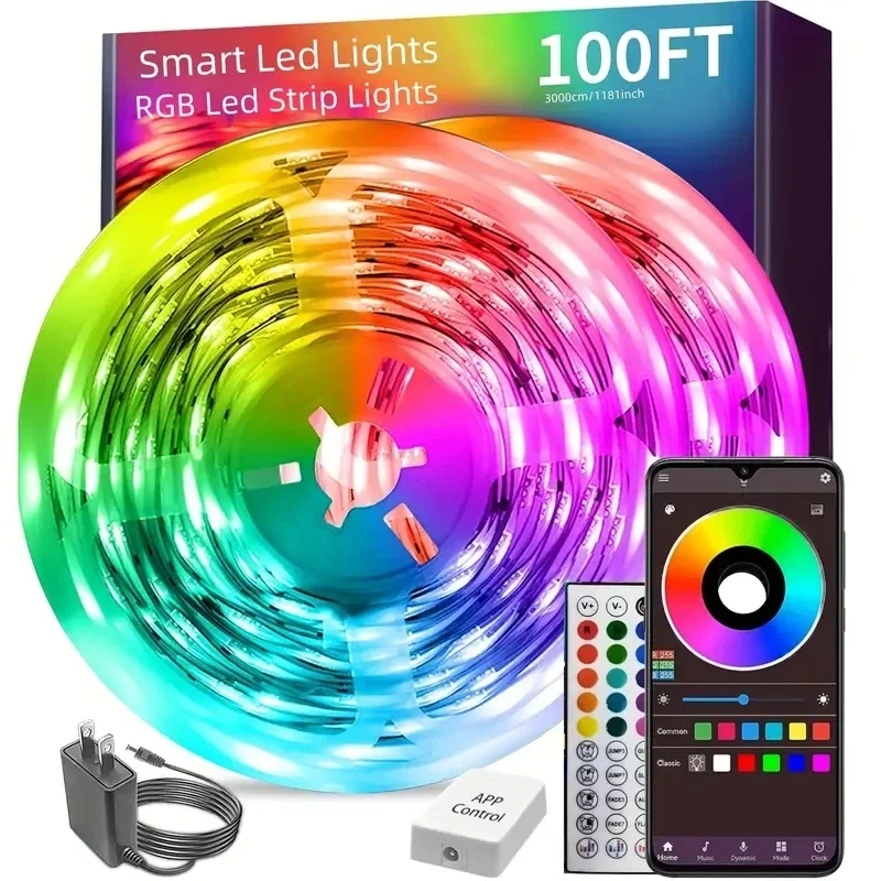 

100ft(2 Rolls Of 50ft)LED Lights，RGB Color Changing Music Sync LED Lights Strip,Phone App Control LED Rope Lights For Bedroom