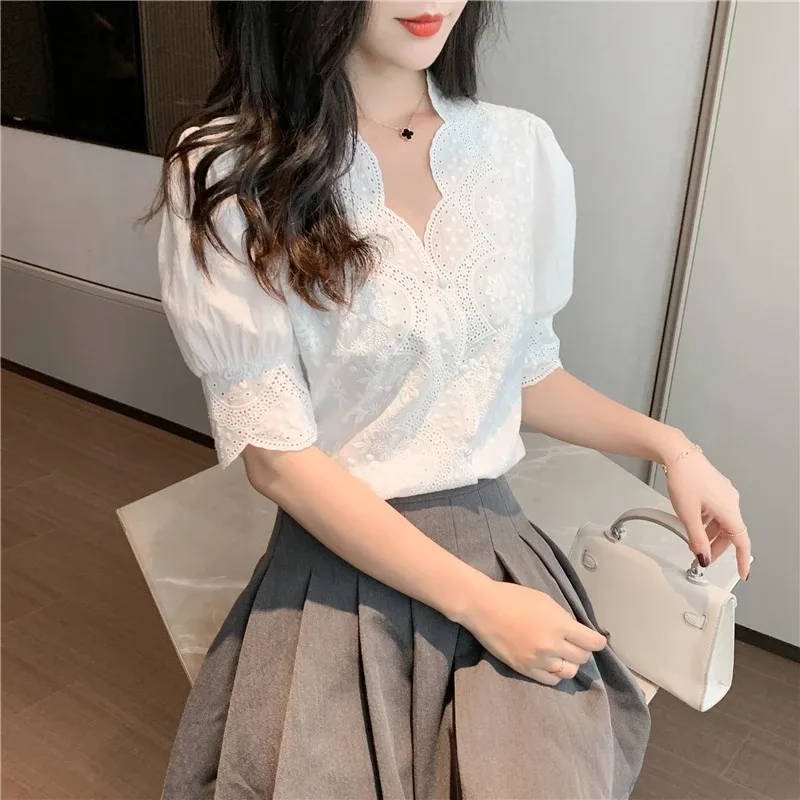 Summer Tops Loose Cotton White Blouse Women Short Sleeve Embroidery Hollow Out Lace Women\'s Shirt V-Neck Casual Solid Tops 13102