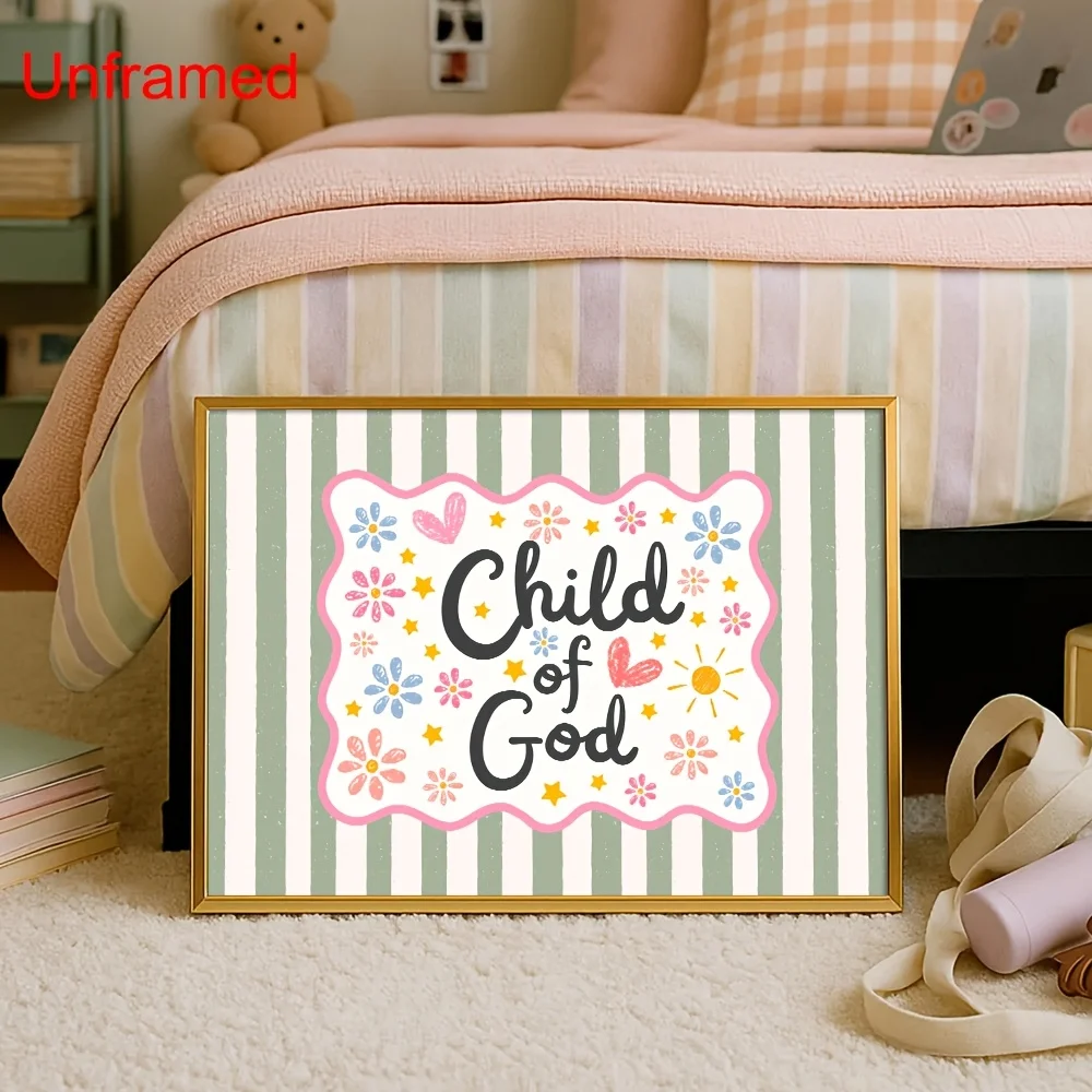 2D Flat, 2D Flat, Unframed 2D Flat Canvas Poster Featuring a Nursery Quote for a Child of God, Designed with a Pink Heart And