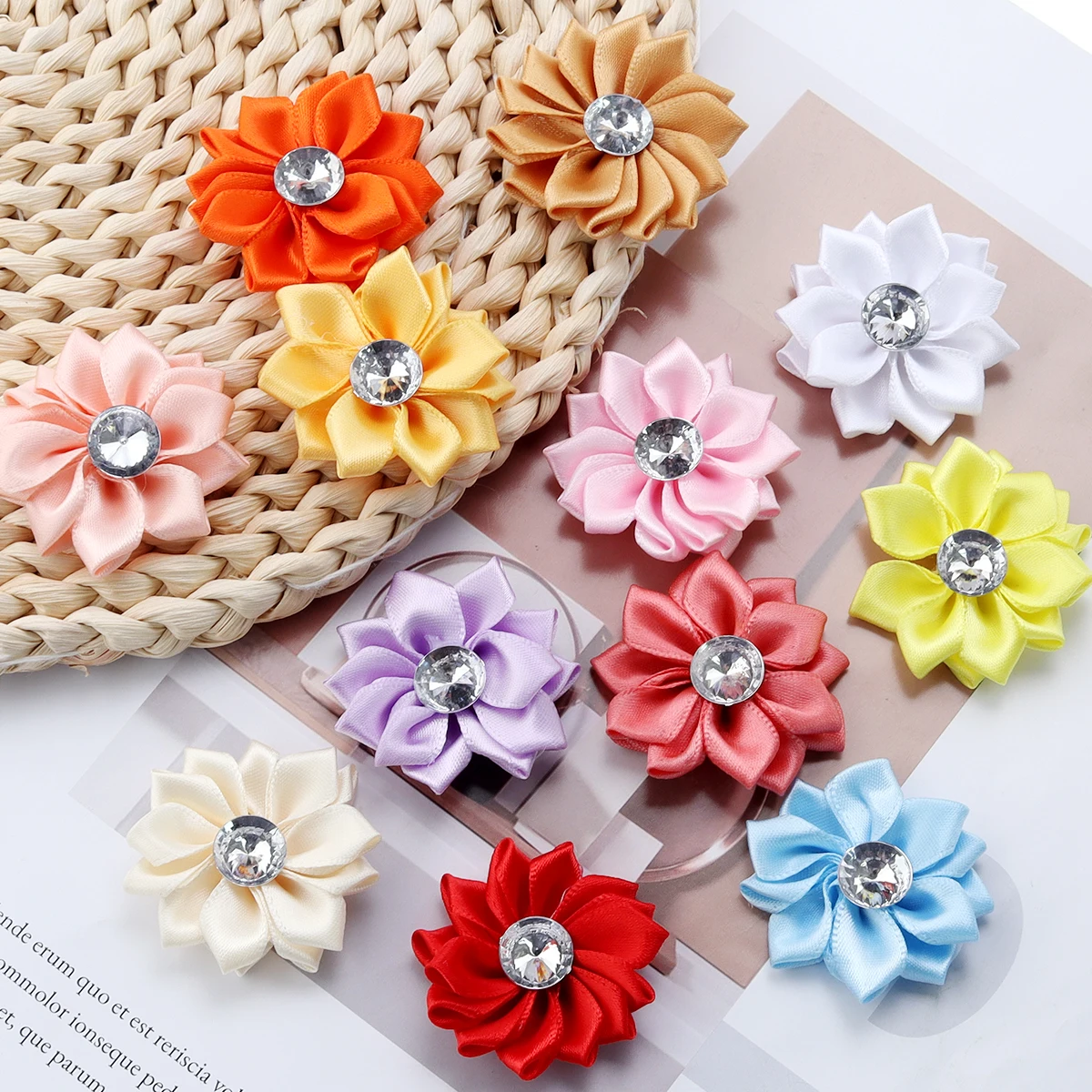 20Pcs/lot Mini Satin Ribbon Flowers 4cm Multicolor Rhinestones Handmade Flower for DIY Hair Clip Clothing Decoration Accessories