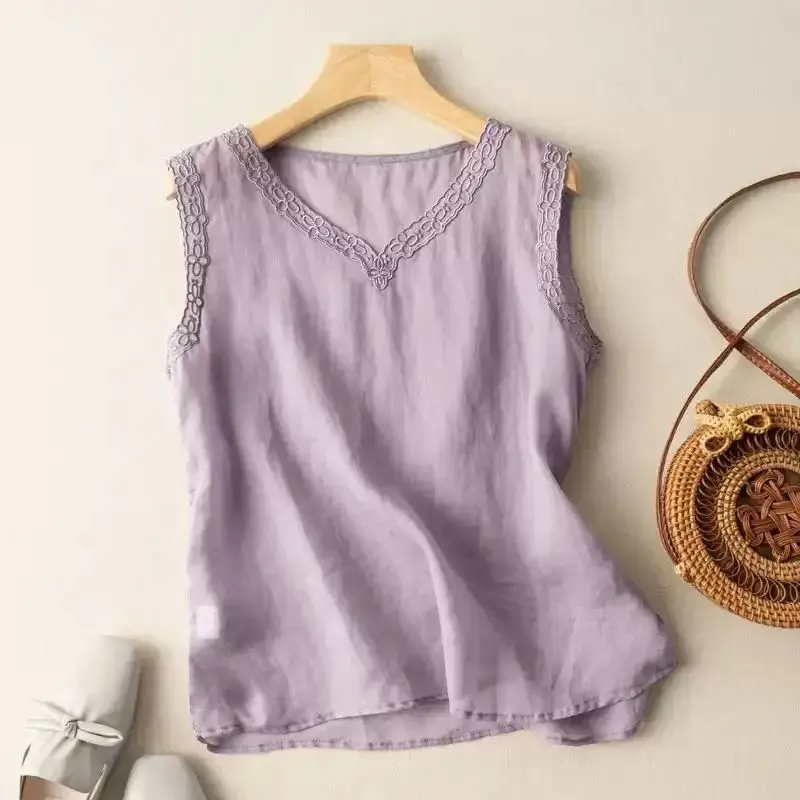 

New Summer Retro Vest Embroidered Loose Sleeveless Top with Temperament Outside and Inside Suspenders