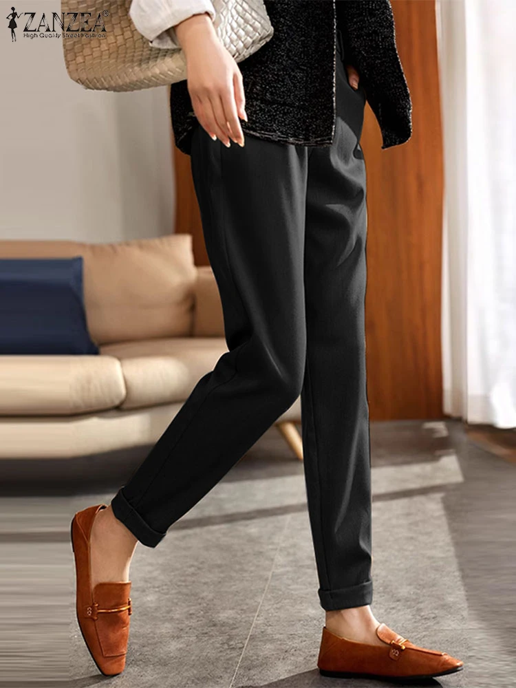 ZANZEA Office Lady Mid Waist Pantalones Women Long Harem Pants Casual Solid Color Retro Trouser Vintage Straight Autumn Pant