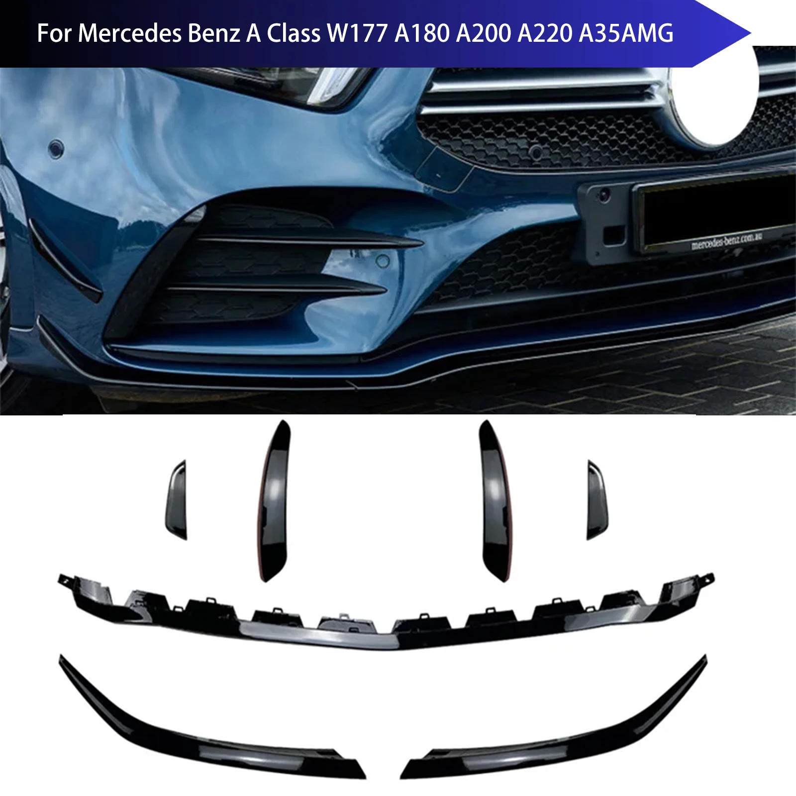 

7PC Front Bumper Diffuser Side Splitter Spoiler Lip for Mercedes Benz A Class W177 A180 A200 A220 A35AMG Front Grille Decoration