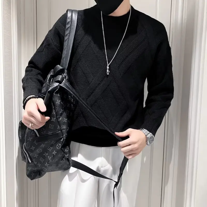 Suéter de Malha Masculino Estilo Americano com Padrão de Diamante, Manga Longa ssa, Gola Redonda, Casual e Confortável par...